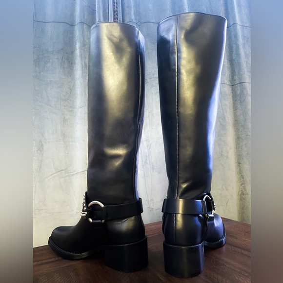 Red Valentino Vero Cuoio Black Leather Under-Knee Biker Boots - Picture 5 of 10